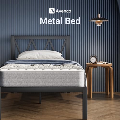 Avenco Metallbett 90 x 200 cm, Bettrahmen, mit hohem Kopfteil, 97 cm Betthöhe und viel Stauraum unter dem Bett Schwarz von Avenco