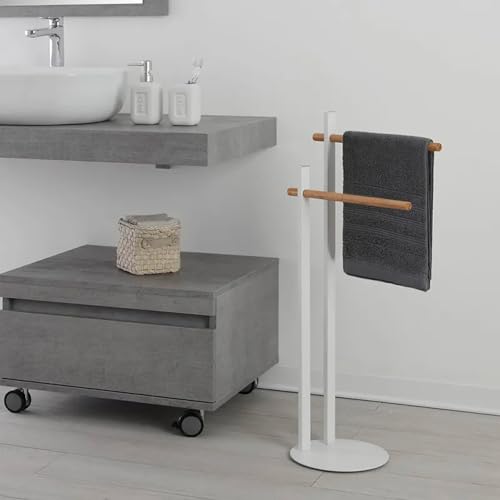 Handtuchhalter für Badezimmer mit 2 Haken, aus Metall und Bambus, 22 x 80,5 x 22 cm, Weiß und Beige von Avilia