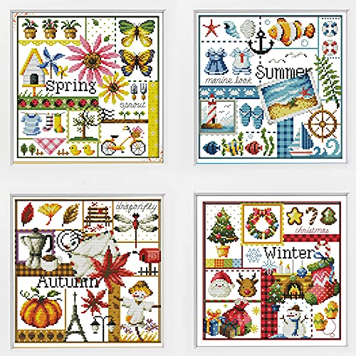 4 Packung Awesocrafts Kreuzstich-Set, Vier Jahreszeiten: Frühling, Sommer, Herbst und Winter, einfache Muster, Kreuzstich-Stickset, Vorrät, gezählt (vier Jahreszeiten，Zählmuster) von Awesocrafts