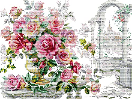 Awesocrafts Kreuzstich Stickpackungen Vorgedruckt Die Rose in voller Blüte Bilder Vorlagen Sticken Set Vorgedruckt 14CT 2 Stränge von Awesocrafts