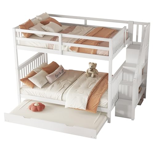 Azkoeesy Etagenbett Kinderbett mit Ausziehbett, Treppe und Regal, Lattenrost, bis 120 kg, weiß (140 x 200 cm) von Azkoeesy