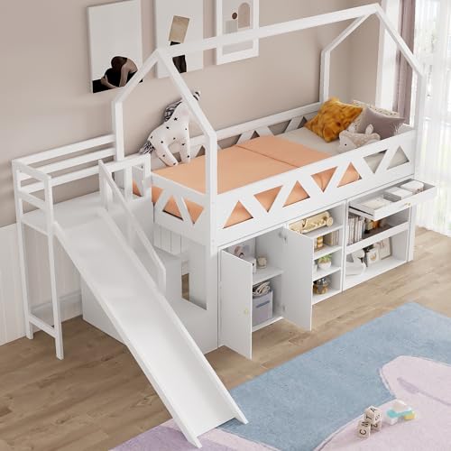 Azkoeesy Hausbett KinderHochbett 90 x 200 cm, mit Rutsche, Treppen, 3 Schrank und Stauraum unterbett, multifunktionales Kinderbett Jugendbett Mädchenbett, Max 136kg, weiß von Azkoeesy