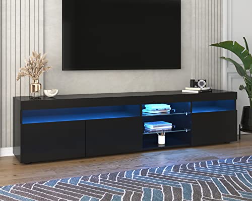 Azkoeesy 180 cm TV-Schrank in Schwarz Hochglanz mit LED-Beleuchtung, mit viel Stauraum, Moderner TV-Möbel TV-Lowboard TV Board Kommode, 180 x 45 x 35 cm von Azkoeesy