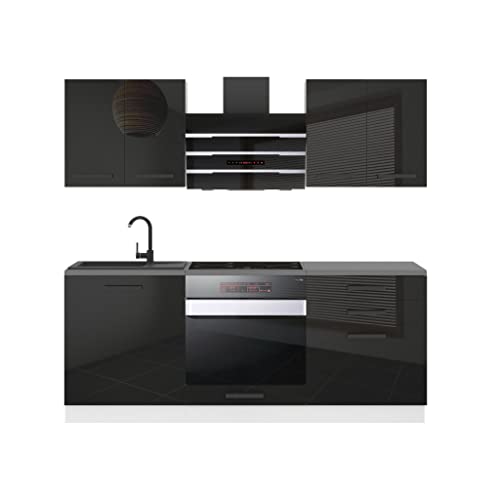 Belini Küchenzeile Küchenblock Mary - Küchenmöbel 180 cm Einbauküche Vollausstattung ohne Elektrogeräten mit Hängeschränke und Unterschränke, ohne Arbeitsplatten, Schwarz Hochglanz von B BELINI GROUP
