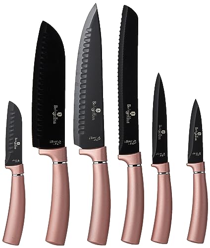 Berlinger Haus I-Rose 6er-Set Profi-Küchenmesser, Klinge aus Edelstahl, Antihaftbeschichtung, Kochen Messer, Zwiebel, Brot, Santoku, Schälen, Ergonomischer Griff, Elegantes Design von Berlinger Haus