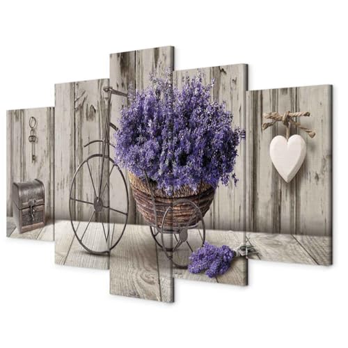 murando - Bilder Blumen 100x50 cm Vlies Leinwandbild 5 tlg Kunstdruck modern Wandbilder XXL Wanddekoration Design Wand Bild - Lavendel Holzoptik Herz Fahrrad b-C-0644-b-m von B&D XXL