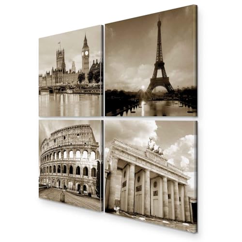 murando - Bilder Set Stadt 80x80 cm 4 Teilig je 40x40 Vlies Leinwandbild Kunstdruck modern Wandbilder XXL Wanddekoration Design Wand Bild mehrteilig - City Paris London Berlin sepia von B&D XXL