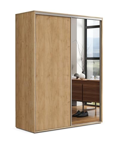 B&M Furniture Großer Kleiderschrank mit Schiebetür und Spiegel - mit Einlegeböden und Kleiderstange - für Garderobe, Schlafzimmer - Craft Gold - 100 X 62 X 245 cm (B/T/H) von B&M Furniture