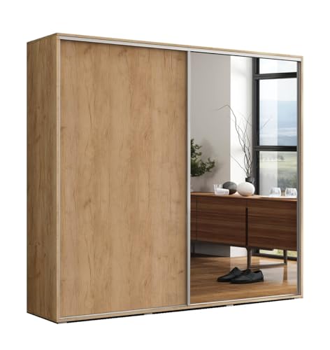 B&M Furniture Großer Kleiderschrank mit Schiebetür und Spiegel - mit Einlegeböden und Kleiderstange - für Garderobe, Schlafzimmer - Craft Gold - 200 X 62 X 215 cm (B/T/H) von B&M Furniture