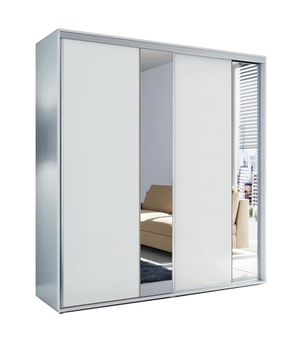 B&M Furniture Großer Schlafzimmerschrank mit Zwei Schiebetüren, Spiegel, Kleiderstange und Regalen - Schwebetürenschrank - für Garderobe, Schlafzimmer - Weiß - 150 X 62 X 215 cm (B/T/H) von B&M Furniture