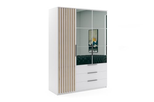 B&M Furniture Kleiderschrank mit Drehtüren, Schubladen und Spiegel - mit Einlegeböden und Kleiderstange - für Garderobe, Schlafzimmer - mit Lamellen aus Holzimitat - Weiß - 150 cm B, 215 cm H von B&M Furniture