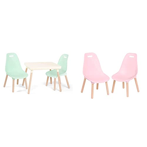 B. spaces Stühle Kids Furniture Set – 1 Kindertisch & 2 Kinderstühle mit natürlichen Holzbeinen (Creme und Mintgrün), Kunststoff & Kinderstuhl 2er Set in Pink mit Holzbeinen von B. spaces