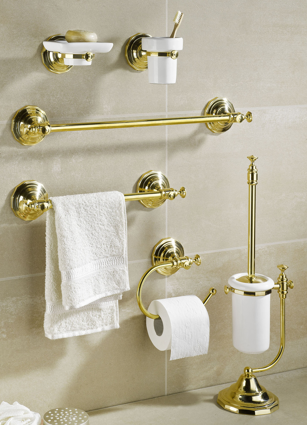 Badezimmer-Accessoires aus Messing und Keramik, WC-Garnitur mit Toilettenbürste, Messing-Weiss von BADER