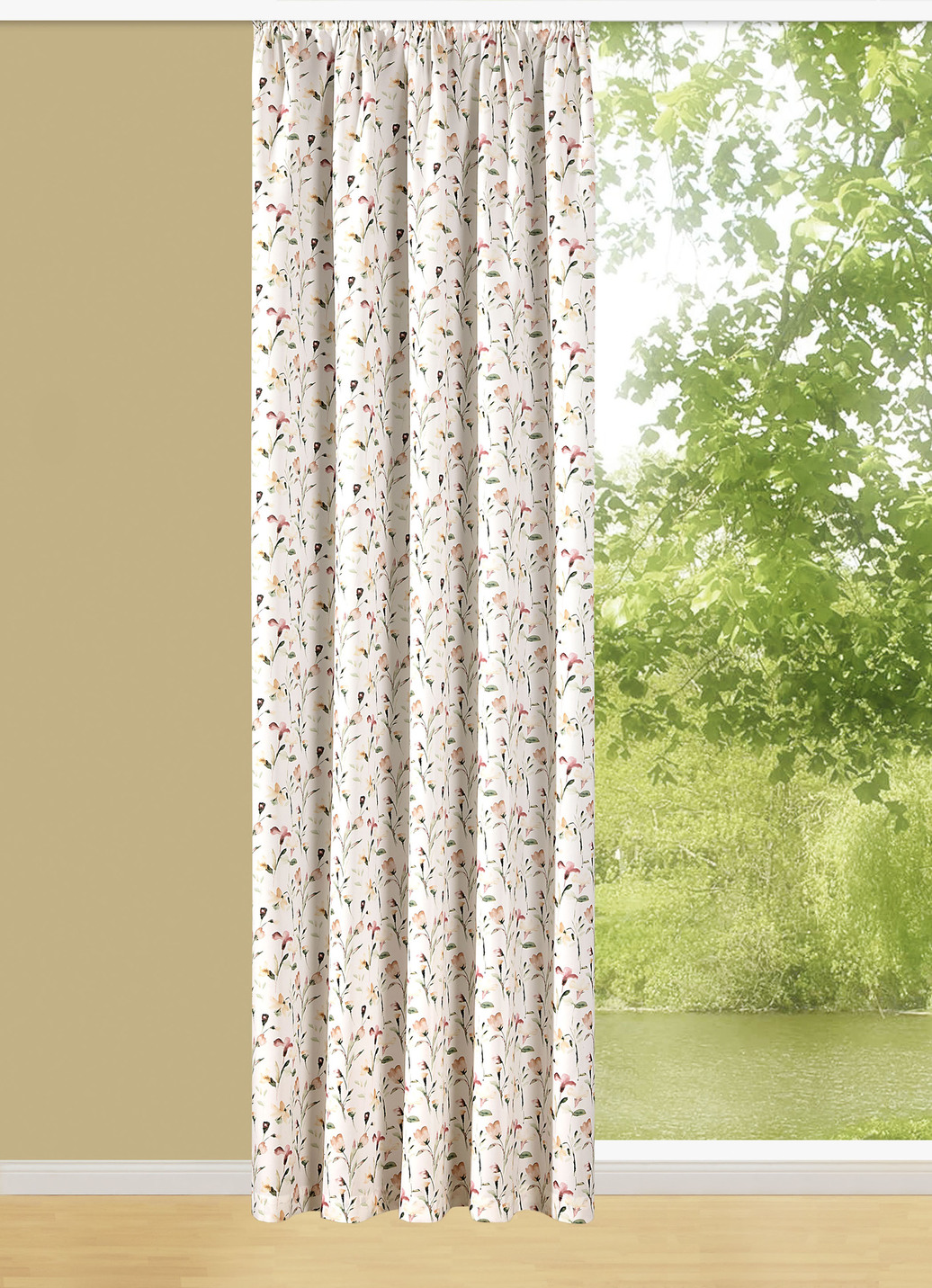 Übergardine mit Blumen-Dessin und Universalschienenband, Größe 456 (H245xB140 cm), Natur von BADER