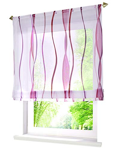 Voile Raffrollo mit Wellen Druck Design Rollos Schlaufen Transparent Vorhang (BxH 80x140cm, Violett mit Tunnelzug) von BAILEY JO