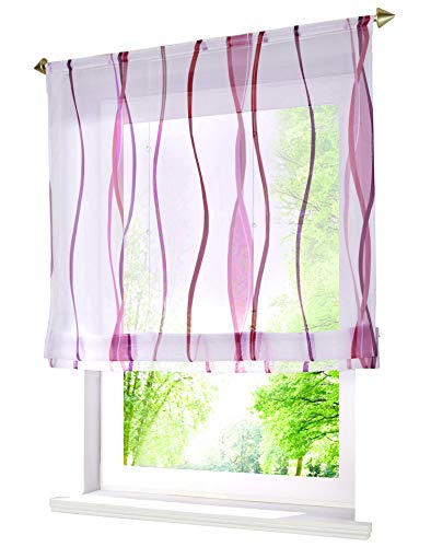 Voile Raffrollo mit Wellen Druck Design Rollos Schlaufen Transparent Vorhang (BxH 140x140cm, Violett mit Tunnelzug) von BAILEY JO