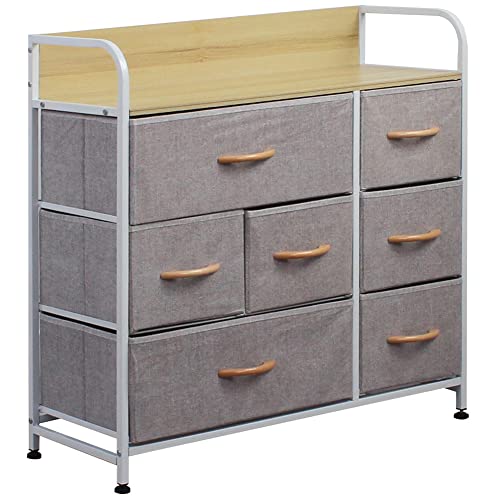 BAKAJI Kommode mit 7 Schubladen Wildleder Stoffschrank Sideboard Vintage Highboard Metall Mehrzweckschrank Schränke Organizer TV Schrank Klein, Küche Schlafzimmer Büro Wohnzimmer Grau + Stahl von BAKAJI