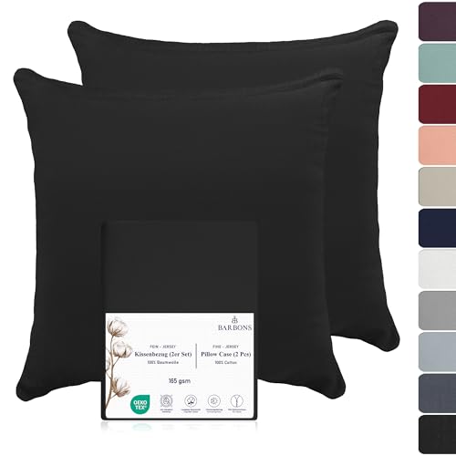 BARBONS Kissenbezug 40x40 Schwarz 2er Set – 165 g/m² Oeko-TEX Zertifiziert Kopfkissenbezug 100% Jersey Baumwolle weiche Kissenbezüge Kissenhülle mit Reißverschluss (40x40-Schwarz) von BARBONS