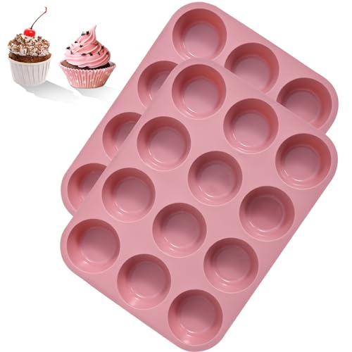 BASVII 2 Stück Muffinform Silikon für 12 Muffins, Muffinblech Muffin Backform für Backen Geeignet, BPA-Freie, Antihaftbeschichtung, Leicht zu Reinigen, Spülmaschinenfest (Rosa) von BASVII