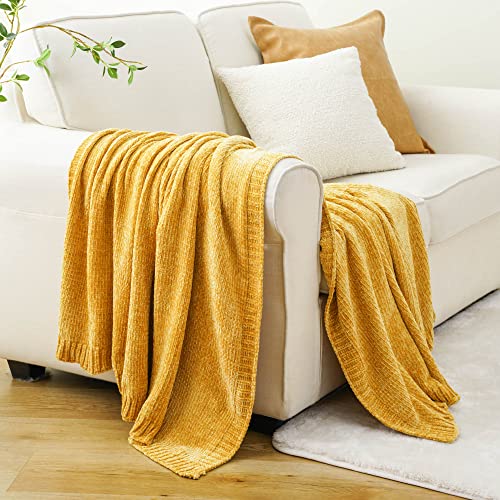 BATTILO HOME Senfgelbe Überwurfdecke für Couch, Chenille-Strickdecke für Sofa, Stuhl, Herbst-Dekor, 130 x 170 cm von BATTILO HOME