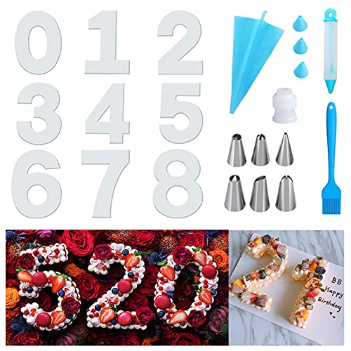 Backform Zahlen Groß, Kuchenform Zahlen 0-9, Number Cake Backform 8 Zoll mit Spritzbeutel und Spritztüllen Set, 18 Stk Kuchen Werkzeug DIY Backen Formen Set für Hochzeit Geburtstag Jahrestag (8 zoll) von BAYINBROOK