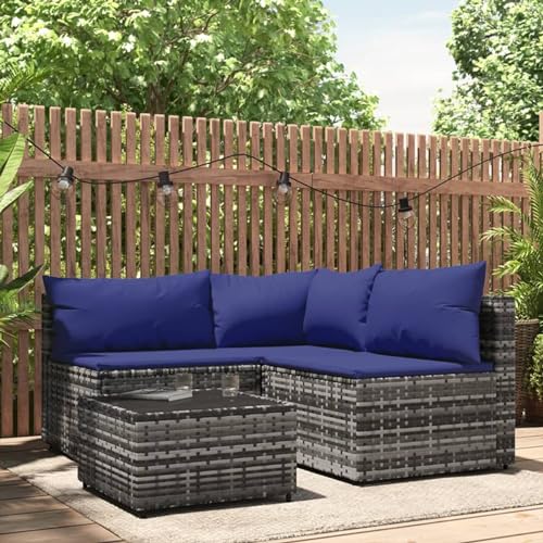 BAZZI 4-TLG. Balkon Lounge Klein Rattan Lounge Moebel Balkon Klein mit Kissen Balkonmöbel Rattan(Eckteil+2xMittelteil+Tisch) Balkon Ecksofa Klein Grau und Blau Outdoor Sofa Lounge L Form von BAZZI