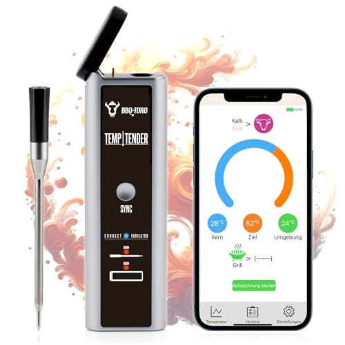 BBQ-Toro TempTender Grillthermometer kabellos mit App | Bluetooth Fleischthermometer digital IP67 bis 300°C | Bratenthermometer, Grill Meat Thermometer Wireless, Fleischtermostat Digital Kabellos von BBQ-Toro