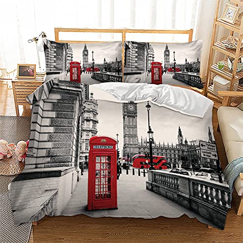 BDKCYO 3D Stadt London Bettwäsche 135x200cm Rot Telefonzelle Freiheitsstatue London Street Eiffelturm Muster Bettbezug mit Kissenbezug (London,135x200 cm) von BDKCYO