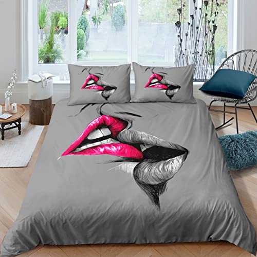 BDKCYO Sexy Rote Lippen ，3D Lippen Küss Mich Bettwäsche 135x200cm，Paar Romantischer Stil Bettbezug mit Kissenbezug und Reißverschluss (A,200 x 200 cm) von BDKCYO