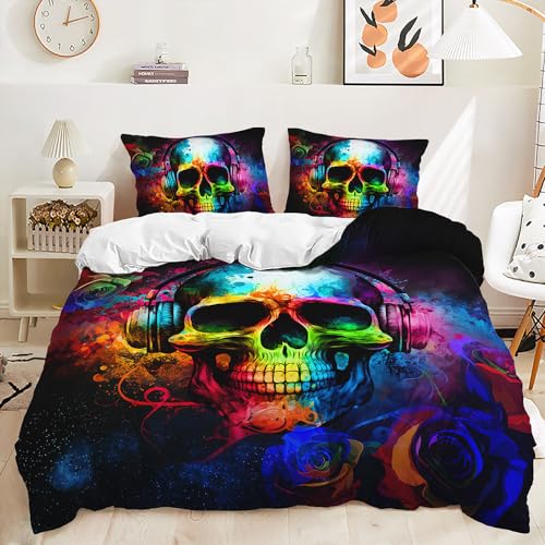 Gothic Bettwäsche Schädel 135x200cm 3D-Druck Rose Blumen und Schädel Bettbezug Totenkopf Bettwäsche Set 3-Teilig Horror Skull Motiv Bettwäsche (C1,200 x 200 cm) von BDKCYO