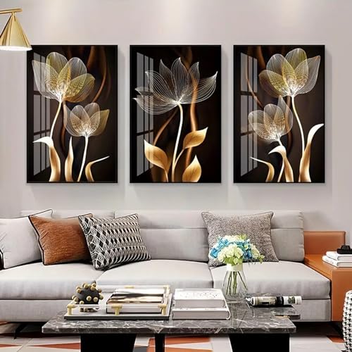 Leinwand Bilder 3er Set Schwarz Goldene Pflanzen Bilder Abstrakte Wohnzimmer Wandbilder Gold Blätter Wandposter Ohne Rahmen Leinwandbilder (A,40x60 cm) von BDKCYO