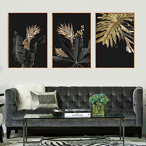 Leinwand Bilder 3er Set Schwarz Goldene Pflanzen Bilder Abstrakte Wohnzimmer Wandbilder Gold Blätter Wandposter Ohne Rahmen Leinwandbilder (B,50x70 cm) von BDKCYO