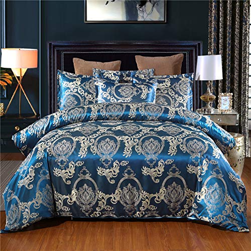 Retro Bettwäsche Satin Jacquard 220x240 cm Gold Jacquard Blumenmuster Bettbezug Luxus Romantisch Barock Stil Bettwäsche Set Satin (Blue,220 x 240 cm) von BDKCYO