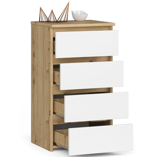 BDW 4-Schubladen-Kommode - Stilvoll, Robust und Vielseitig - Sideboard Buffetschrank - Sideboard Kommode - Kommode – 40x74x35 cm – Eiche Artisan/Weiss von BDW