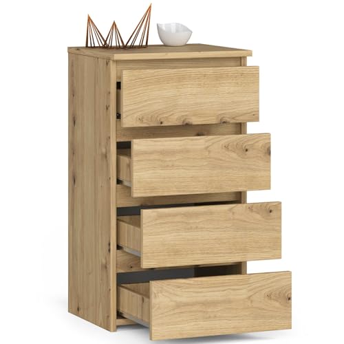 BDW 4-Schubladen-Kommode - Stilvoll, Robust und Vielseitig - Sideboard Buffetschrank - Sideboard Kommode - Kommode – 40x74x35 cm – Eiche Artisan von BDW