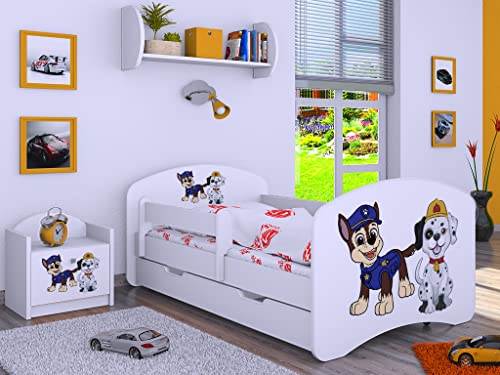 BDW Kinderbett Super Hunde Paw - Babybett mit Matratze und Schublade - Bequem und Langlebig Rausfallschutz Bett - Kinderzimmer - Weiß (Motiv 1) - 140x70 von BDW