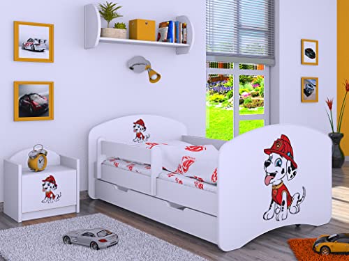 BDW Kinderbett Super Hunde Paw - Babybett mit Matratze und Schublade - Bequem und Langlebig Rausfallschutz Bett - Kinderzimmer - Weiß (Motiv 4) - 140x70 von BDW