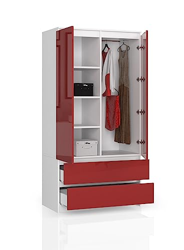 BDW Kleiderschrank mit 2 Türen und 4 Einlegeböden - Kleiderbügel - 2 Schubladen - Oberfläche Glanz - Kleiderschrank für das Schlafzimmer Wohnzimmer Diele - 180x90x51cm - Weiß/Rot von BDW