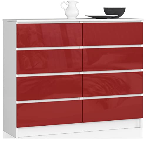 BDW Kommode Hochglanz mit 8 Schubladen für Schlafzimmer, Wohnzimmer, Büro - Modernes Design - Aufbewahrungsmöbel Viel Platz - 120 x 99 x 40 cm - Weiß-Rot von BDW