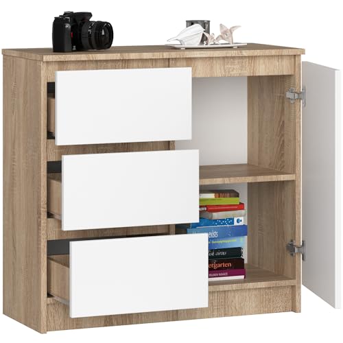 BDW - Kommode mit 3 Schubladen und 1 Tür - 80 cm breit, 77 cm hoch - Schrank, Sideboard, Mehrzweck-, Schuhschrank, Schubladenkommode, Aktenschrank - Wohn-, Schlafzimmer, Flur - Eiche Sonoma/Weiss von BDW