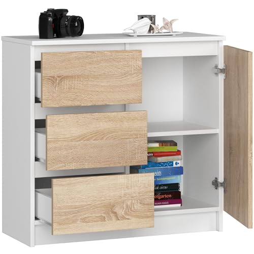 BDW - Kommode mit 3 Schubladen und 1 Tür - 80 cm breit, 77 cm hoch - Schrank, Sideboard, Mehrzweck-, Schuhschrank, Schubladenkommode, Aktenschrank - Wohn-, Schlafzimmer, Flur - Weiss/Eiche Sonoma von BDW