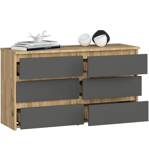 BDW - Kommode mit 6 Schubladen - 100 cm breit, 57 cm hoch - Schrank, Sideboard, Mehrzweck-, Schuhschrank, Schubladenkommode, Aktenschrank - Wohn-, Schlafzimmer, Flur - Eiche Artisan/Grau von BDW