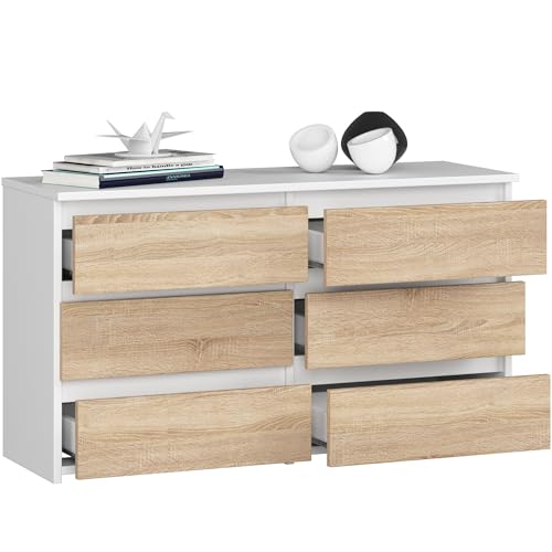 BDW - Kommode mit 6 Schubladen - 100 cm breit, 57 cm hoch - Schrank, Sideboard, Mehrzweck-, Schuhschrank, Schubladenkommode, Aktenschrank - Wohn-, Schlafzimmer, Flur - Weiss/Eiche Sonoma von BDW