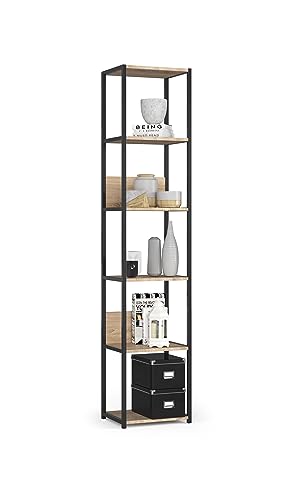 BDW Modernes Loft-Regal Aus Metall – Regal Wohnzimmer – Regal Industrial Style – 6 Einlegeböden - Industrial Möbel – Vintage Regal – Wandregal Industrial Style – 192x40x32cm – Schwarz/Eiche Sonoma von BDW