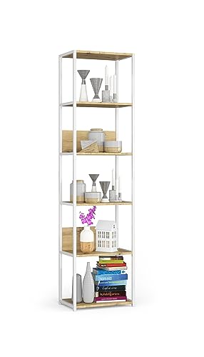 BDW Modernes Loft-Regal Aus Metall – Regal Wohnzimmer – Regal Industrial Style – 6 Einlegeböden - Industrial Möbel – Vintage Regal – Wandregal Industrial Style – 192x50x32 cm Weiss/Eiche Artisan von BDW