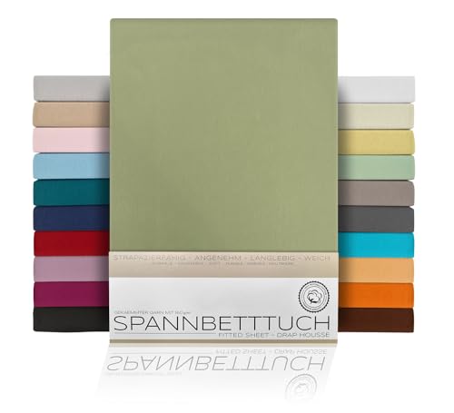 BEAUTEX Spannbetttuch Bettlaken aus Baumwolle, Premium Jersey Stoff 160g/m², Größe und Farbe wählbar (Standard - 180x200x30 cm, Olivgrün) von BEAUTEX