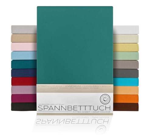 BEAUTEX Spannbetttuch Bettlaken aus Baumwolle, Premium Jersey Stoff 160g/m², Größe und Farbe wählbar (Topper - 200x200x15 cm, Petrol) von BEAUTEX