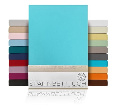 BEAUTEX Spannbetttuch Bettlaken aus Baumwolle, Premium Jersey Stoff 160g/m², Größe und Farbe wählbar (Standard - 160x200x30 cm, Türkis) von BEAUTEX