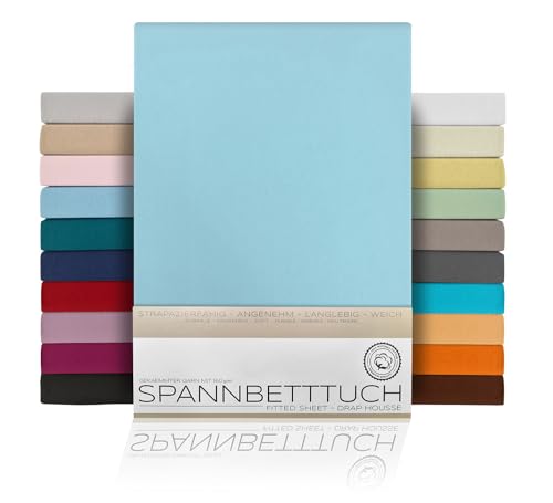 BEAUTEX Spannbetttuch Bettlaken aus Baumwolle, Premium Jersey Stoff 160g/m², Größe und Farbe wählbar (Standard - 140x200x30 cm, Hellblau) von BEAUTEX