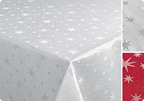 Lurex Sterne Tischdecke, Silber glänzend, Weihnachtstischdecke Größe und Farbe wählbar (Tischläufer 40x140 cm, Weiss-Silber) von BEAUTEX